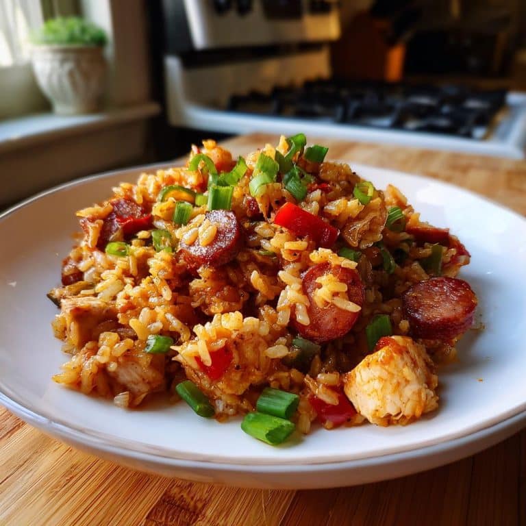 A plate of flavorful jumbalia recipe with sausage, chicken, rice, and vegetables, garnished with green onions.