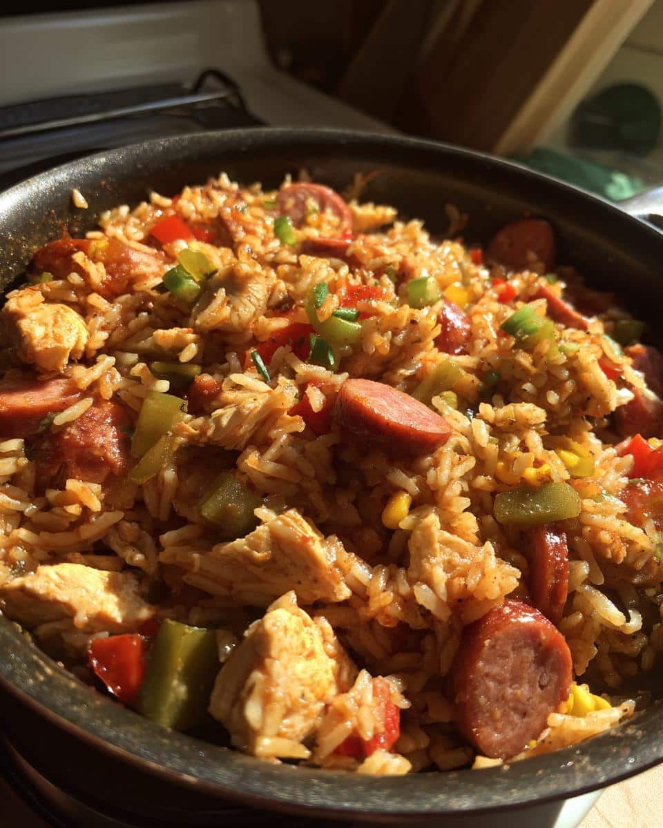 Close-up of a one-pot Cajun dish featuring rice, sausage, chicken, and colorful vegetables.