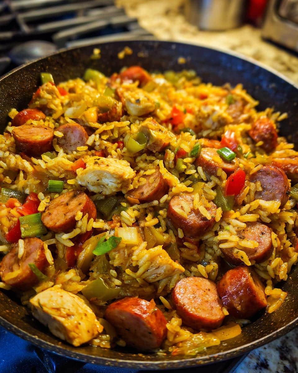 Close-up of a one-pot Cajun dish with rice, sausage, chicken, and peppers, ready to serve.