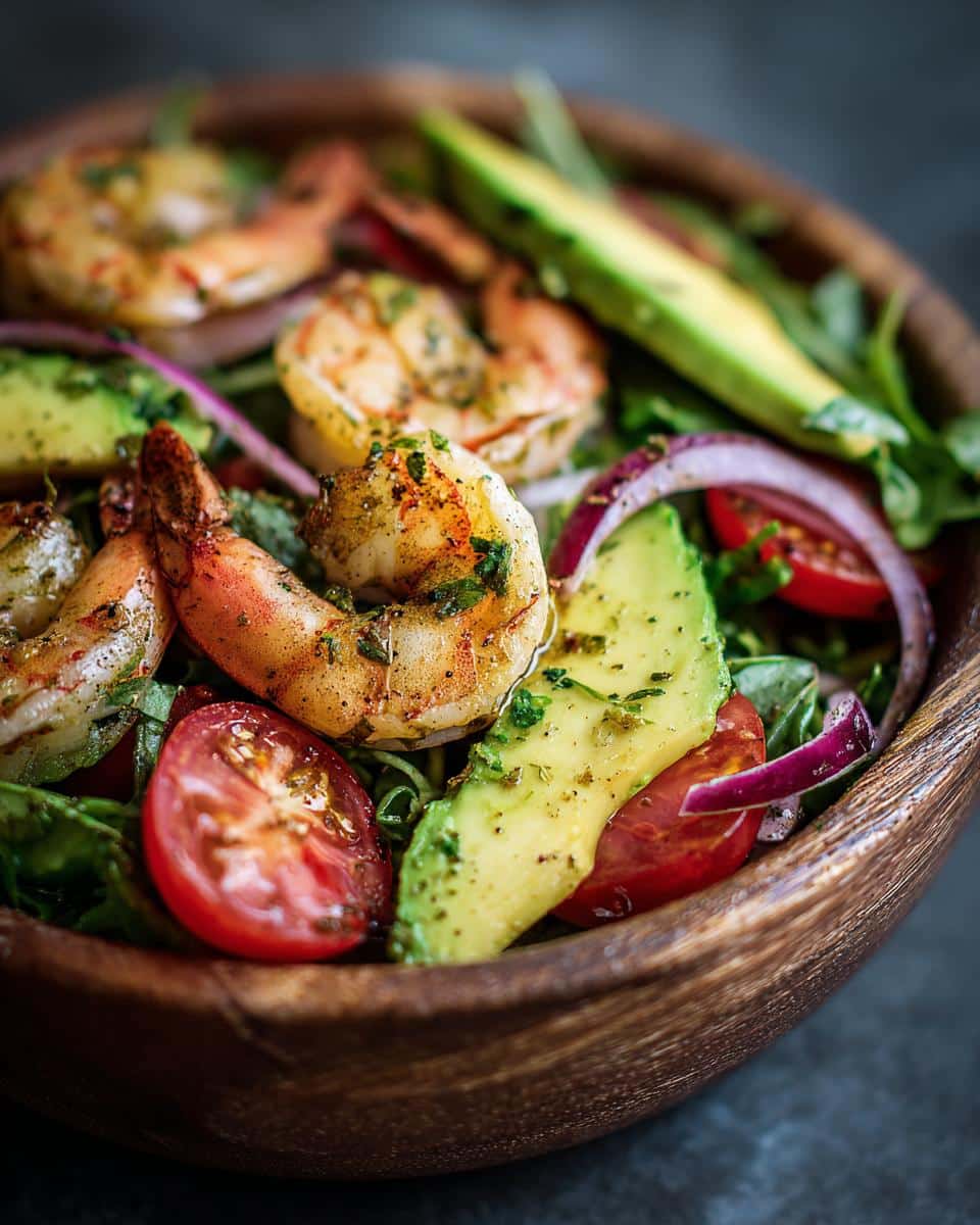 Close-up of a vibrant shrimp avocado salad with tomatoes, red onion, and greens in a wooden bowl.