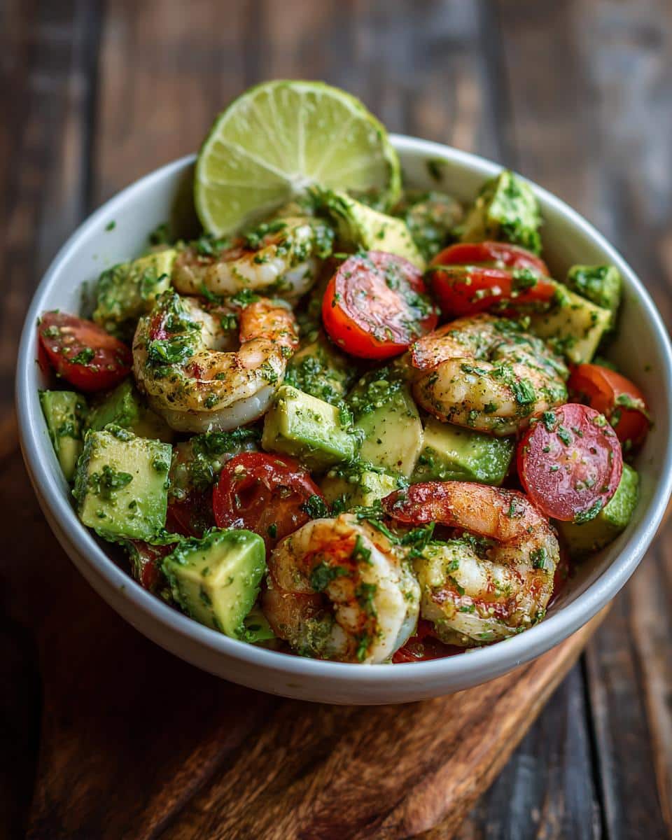 A vibrant bowl of shrimp avocado salad with tomatoes, herbs, and a lime wedge.