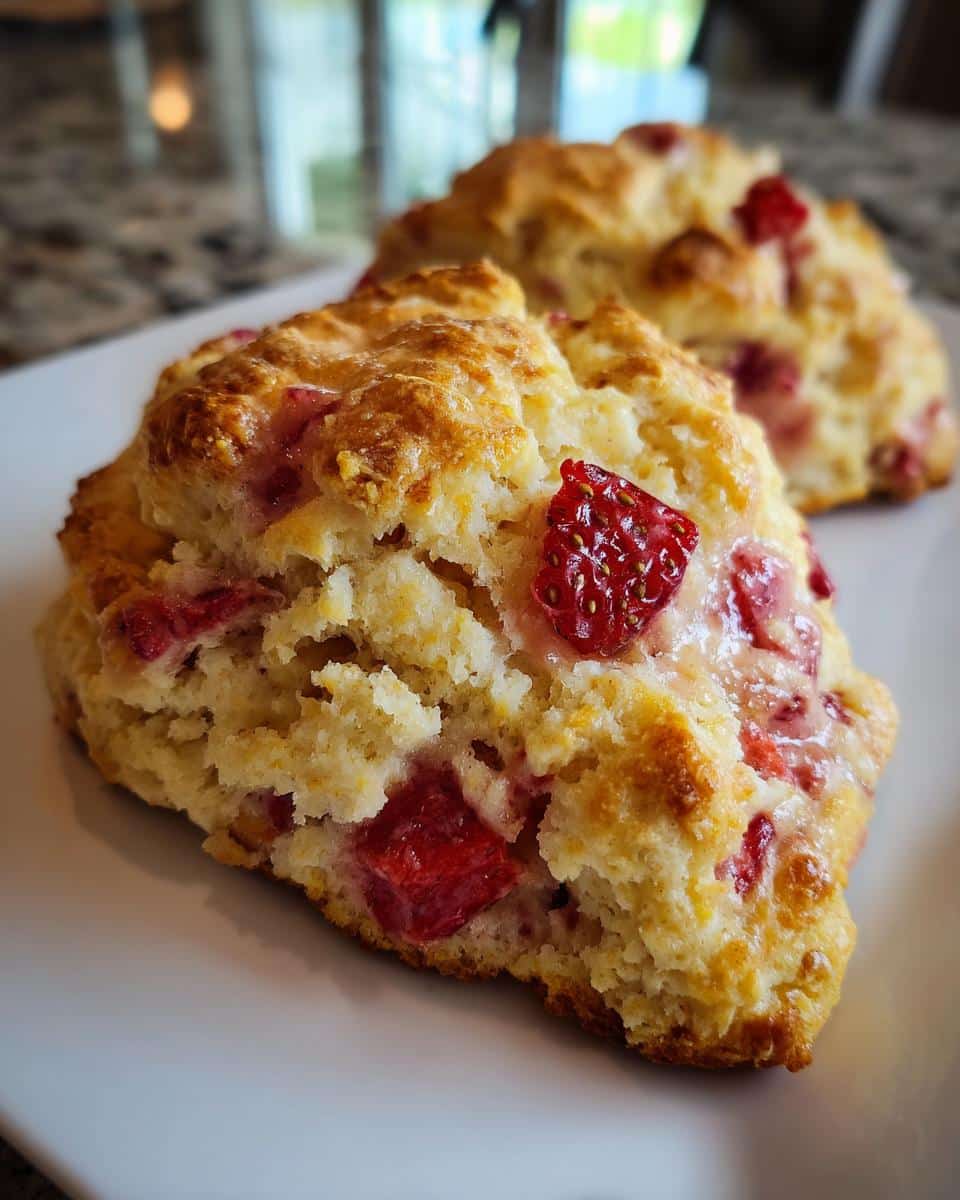 Two golden brown strawberry scones on a white plate, showcasing the fresh strawberries.
