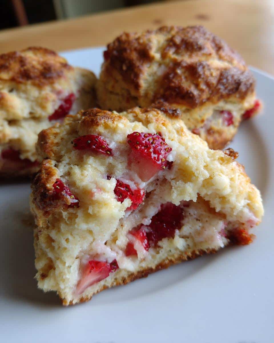 Three freshly baked strawberry scones on a white plate, one cut open to show the strawberries inside.